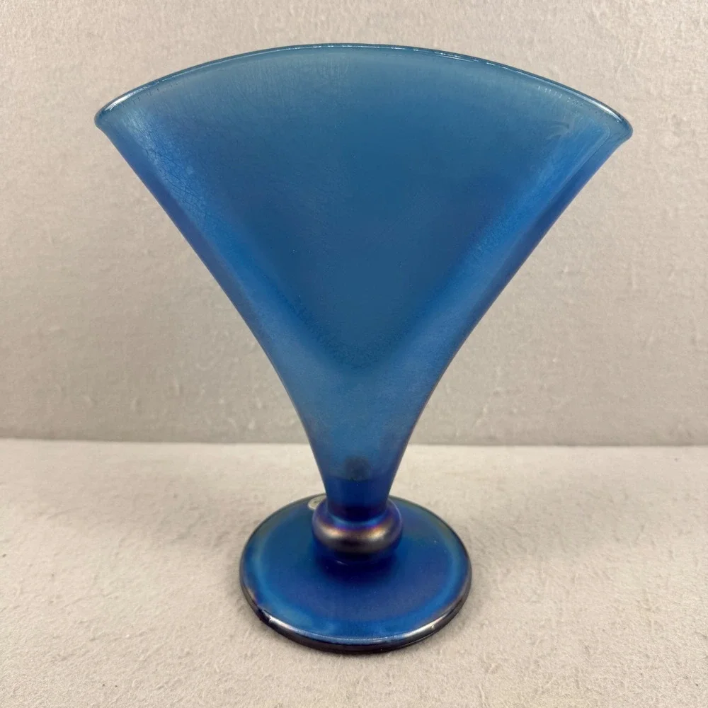 Fenton MMA Blue Satin Iridescent Stretch Glass Fan Vase Handmade‎ in USA 8 Inch